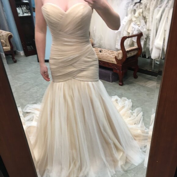 Sample Champagne Asymmetrical Ruched Fit & Flare Wedding Dress, Corset Laceup - Picture 5 of 12